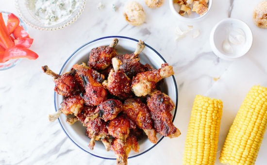Chicken Wings with Carob-Fig Barbecue Sauce and Blue Cheese Dip